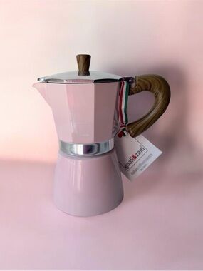 Pink Stovetop Espresso Maker with Wood-Effect Handle. Made in Italy